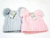 Childs cable knit hat with 2x pom poms - 2/cols. (one size)