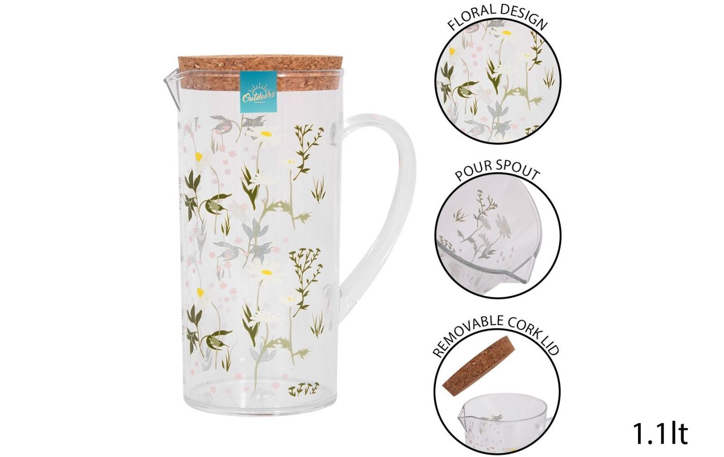 Plastic daisy print pitcher with cork lid (1.1ltr)*