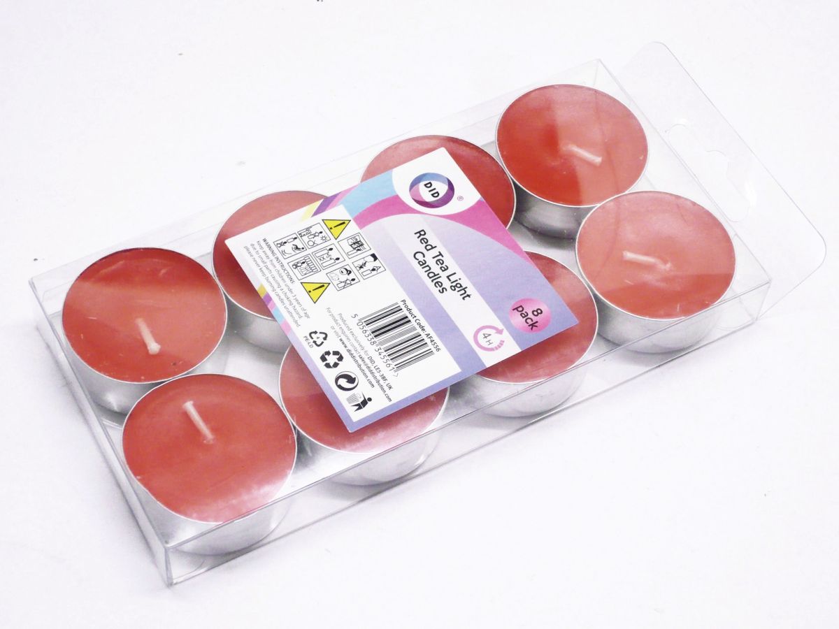 Pack 8, red tea light candles*