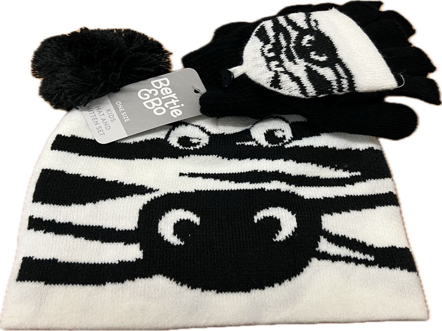 Childs zebra hat & gloves set (one size)