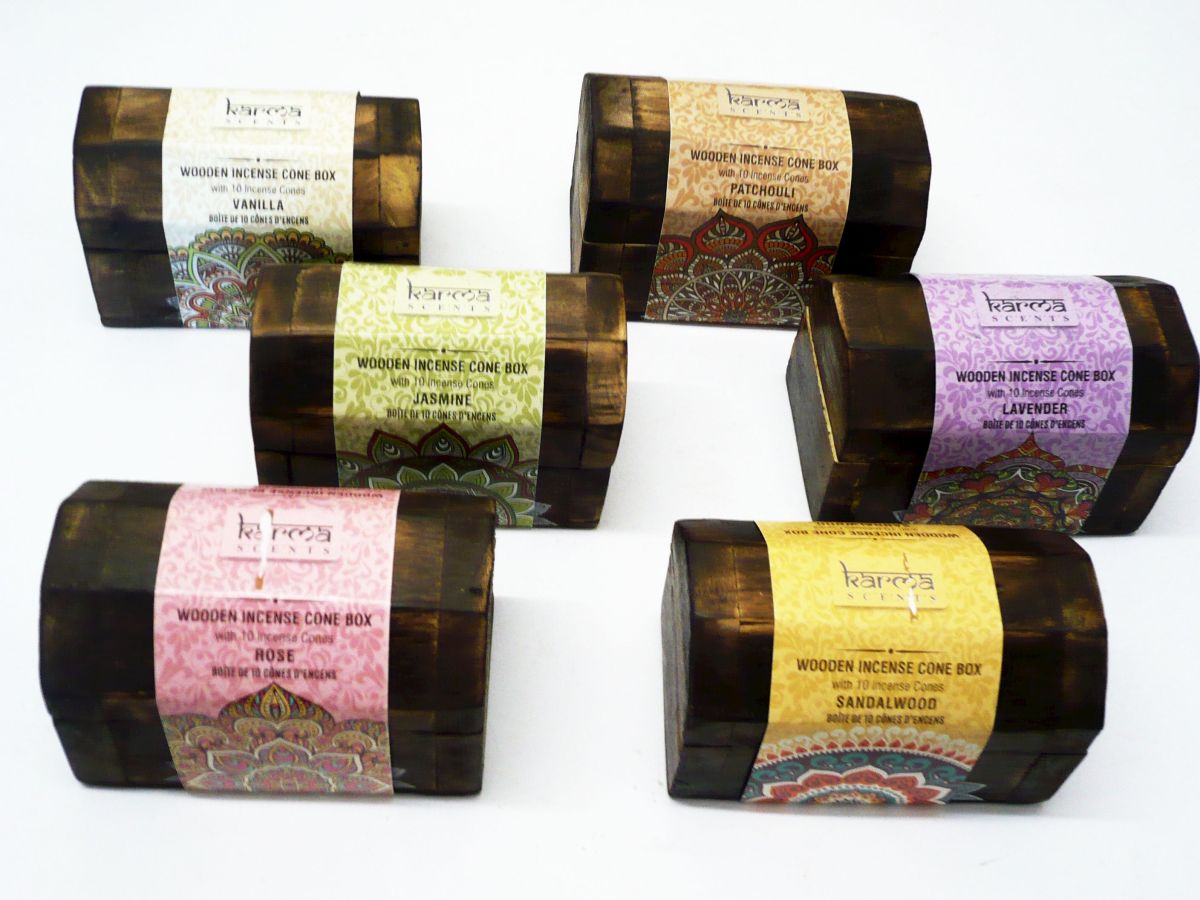 Karma wooden incense cone box with 10x cones - 6asstd*