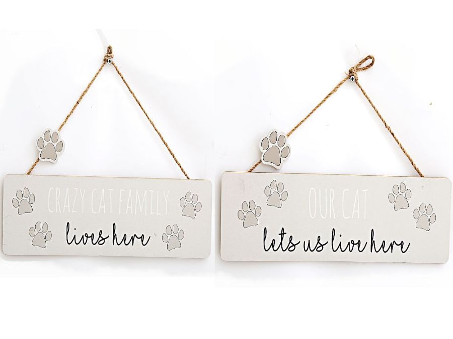 Hanging wood cat plaque (34x10cm) - 2asstd*