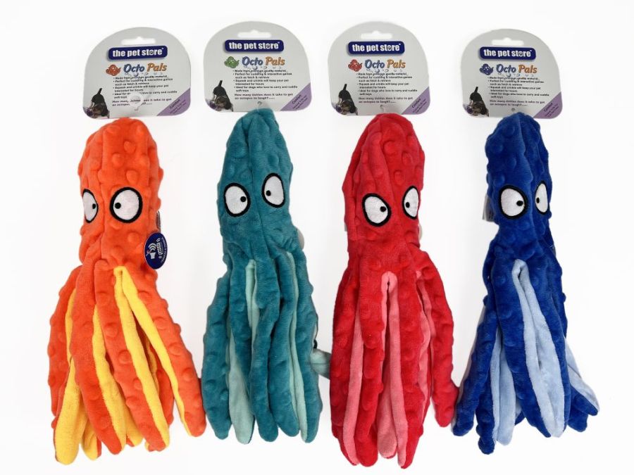 Plush octopus with rustle and squeaker - 4/cols.