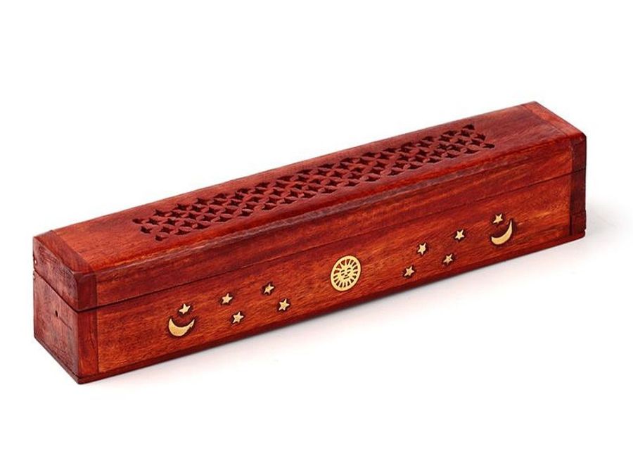 Mango wood, stars-moon-sun  incense box*
(30.5x5.5x5.5cm)