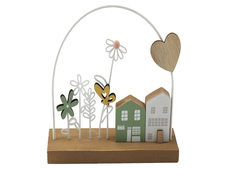 Wood houses/flowers dec. L16cm*