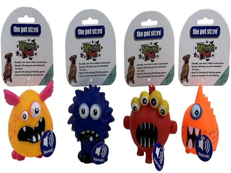 Monster mash vinyl pet toy with squeak - 4asstd.
