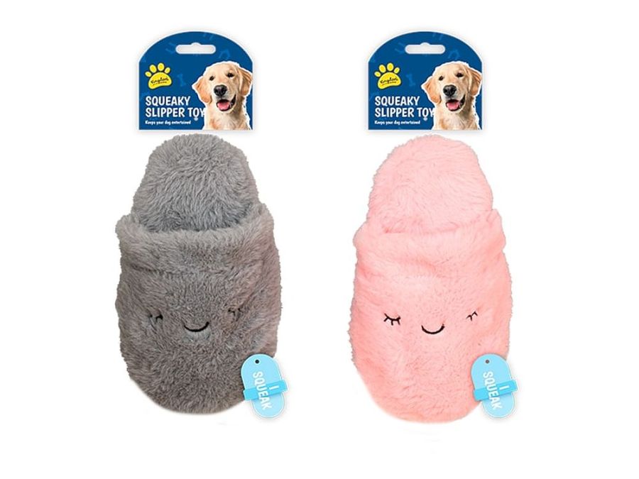 Plush squeaky slipper dog toy - 2/cols.