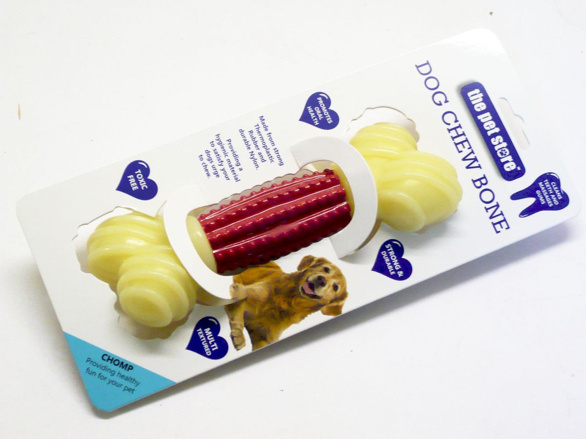 Strong and durable rubber doggy chew bone.