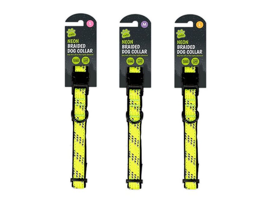 Neon braided dog collar.
(sm-med-lge)