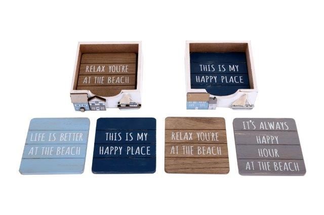 Set 4, wood beach coasters in box - 2asstd.