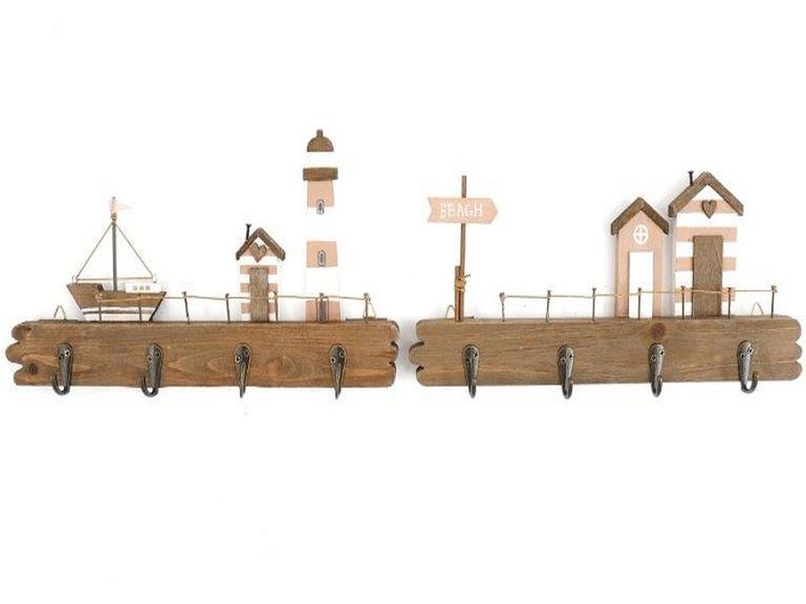 Wood beach hut plaque with hooks L35cm
