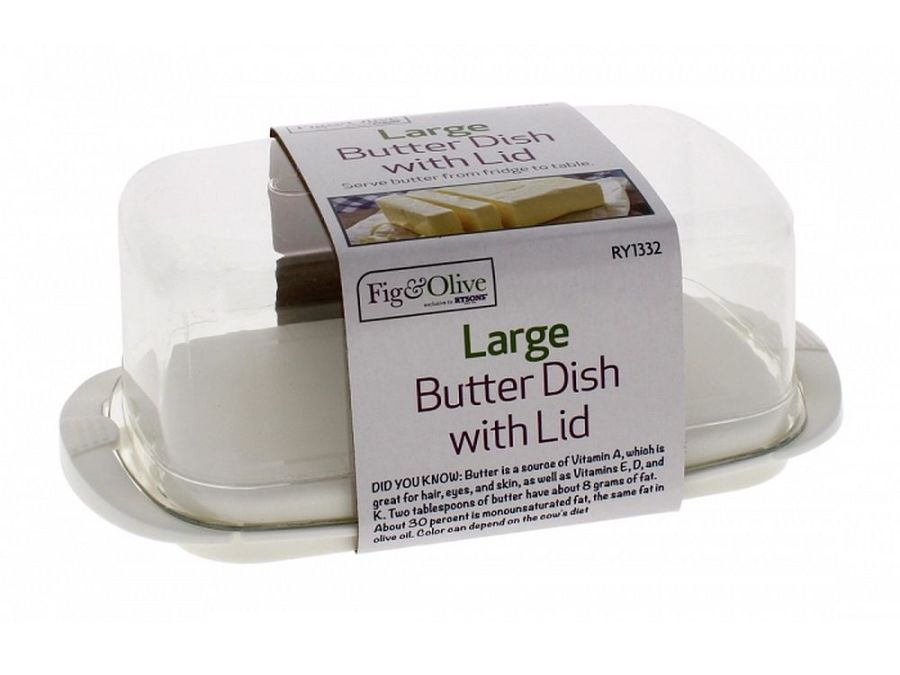 Large plastic butter dish with lid.