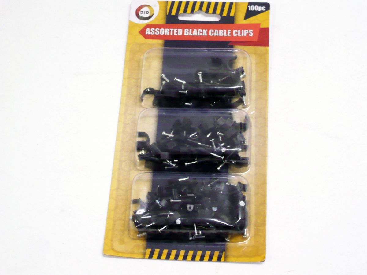 Pack 100, assorted sizes black cable clips*