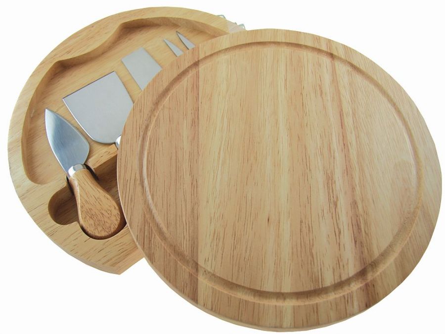Hevea wood cheese board box & 4x knives set.