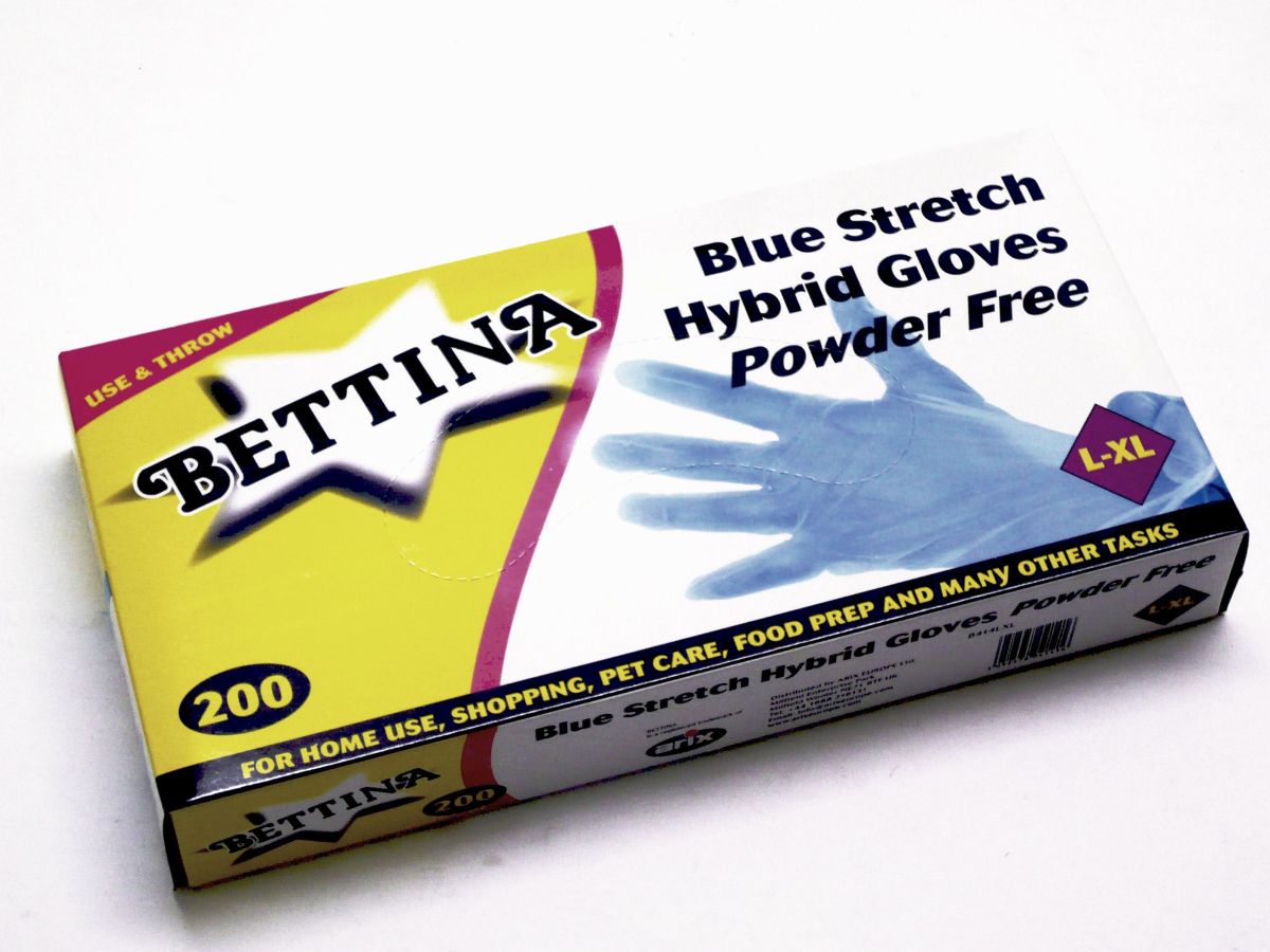 Box 200, blue stretch hybrid gloves - powder free.
(L-XL)