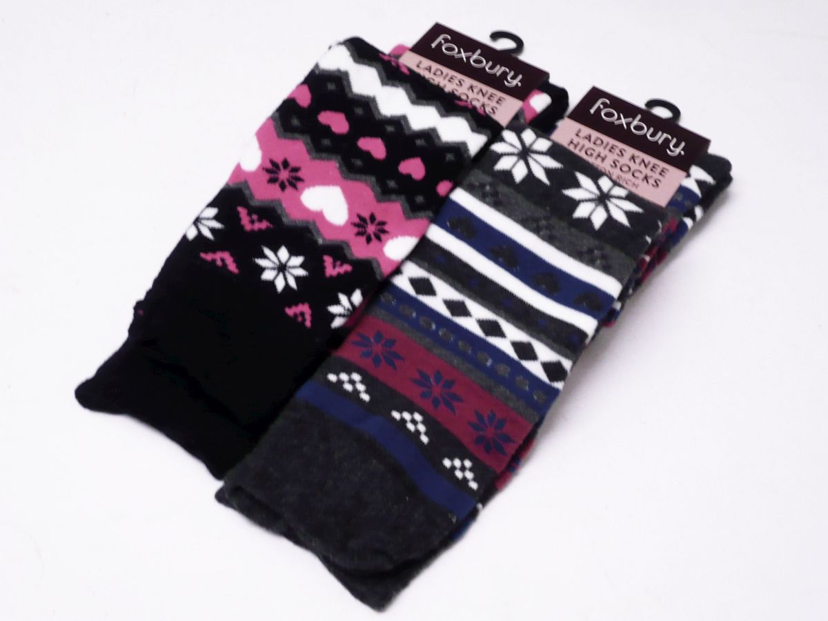 Ladies patterned knee high socks - 2/cols.