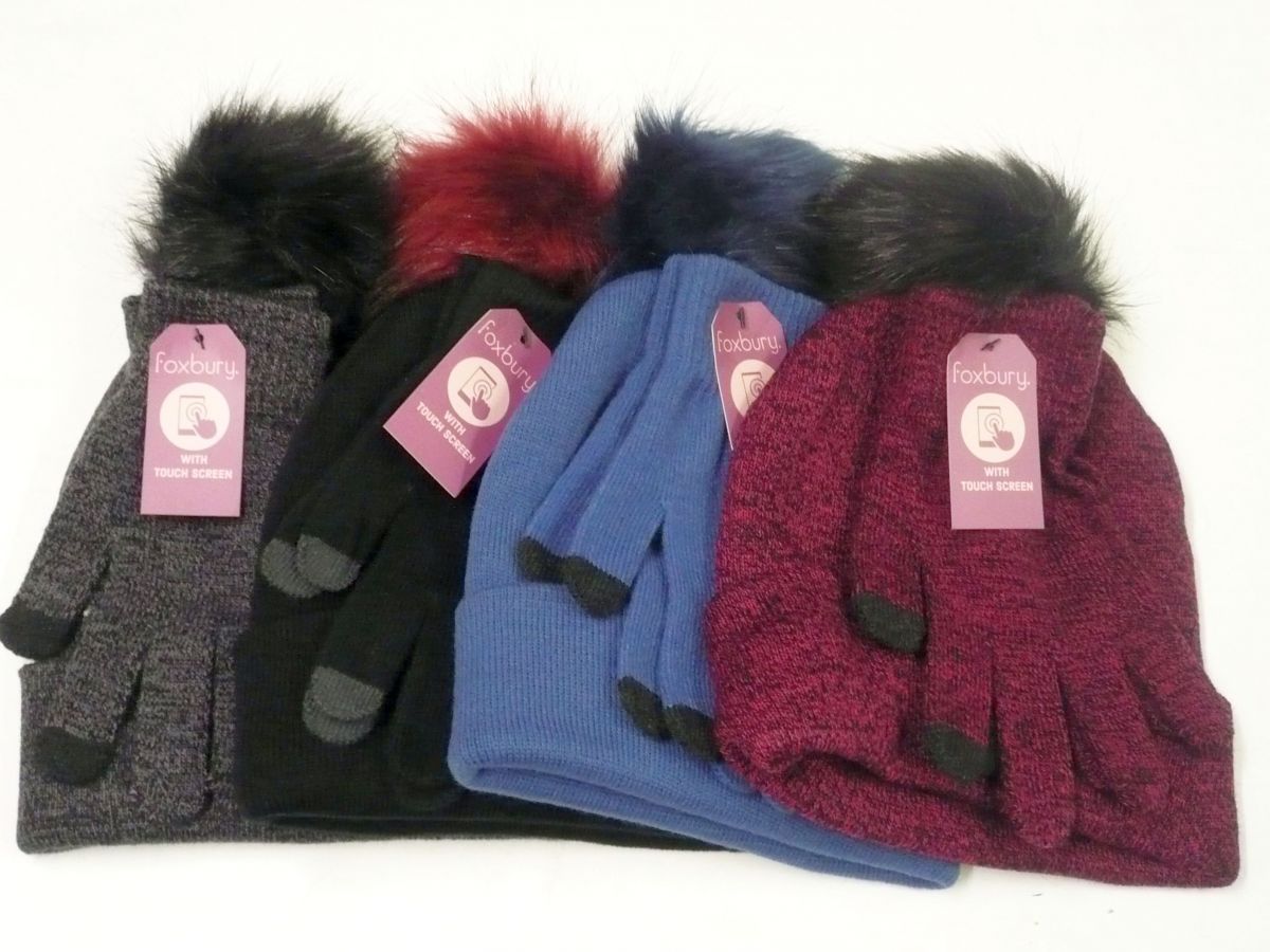 Ladies bobble hat & touch screen gloves set - 3/cols.NO BLUE!!