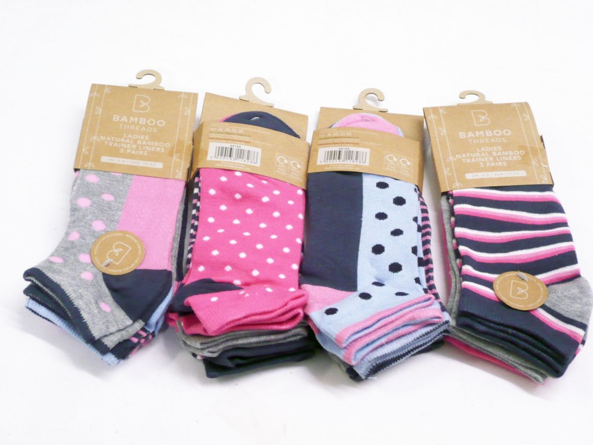Ladies spot/stripe bamboo trainer socks.
(3pkt x4)