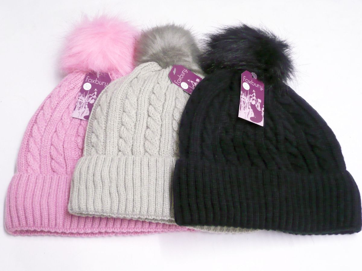 Ladies cable knit pom-pom hat - 3/cols*
