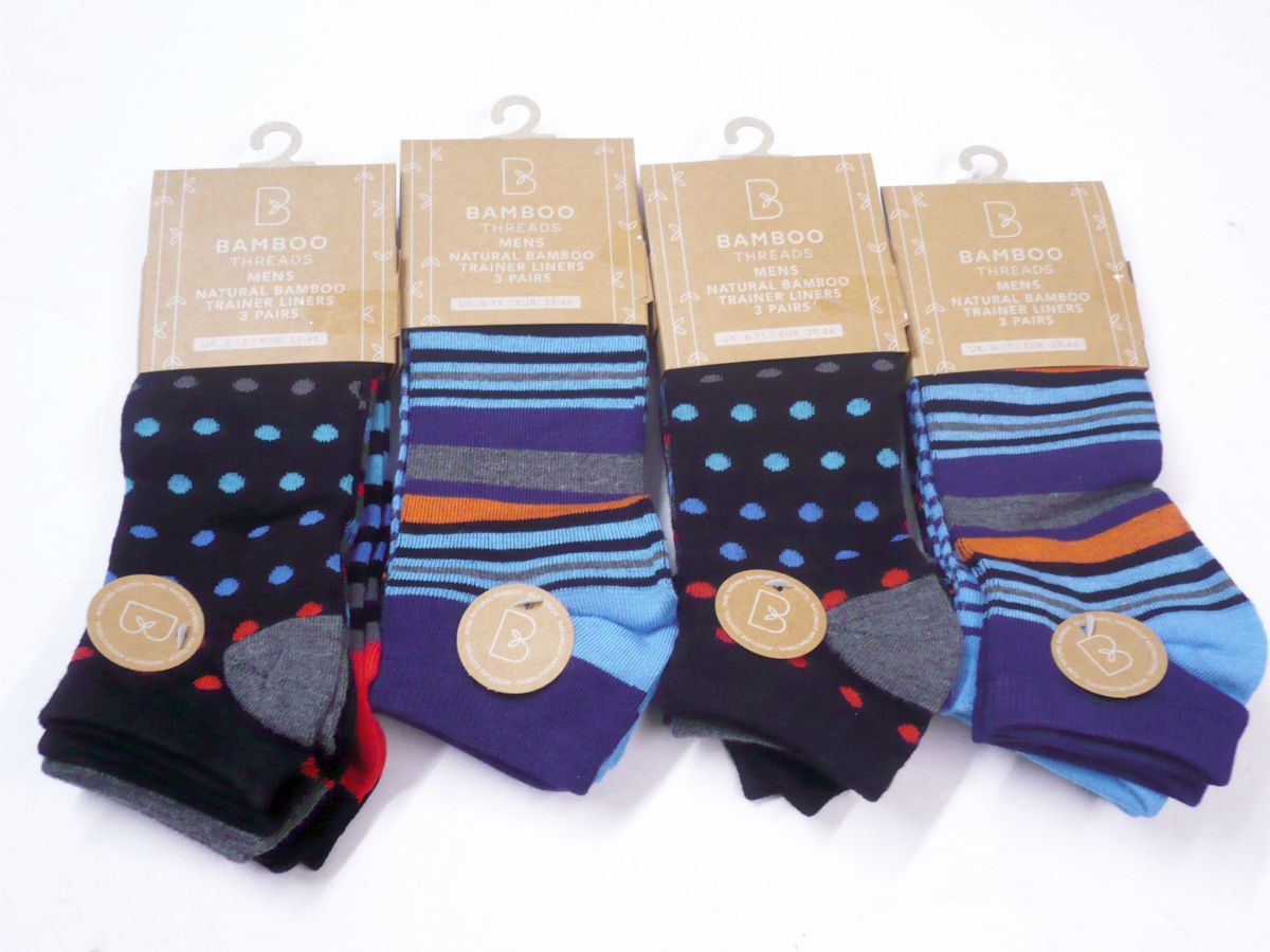 Mens bamboo printed trainer socks.
(3pkt x4)
