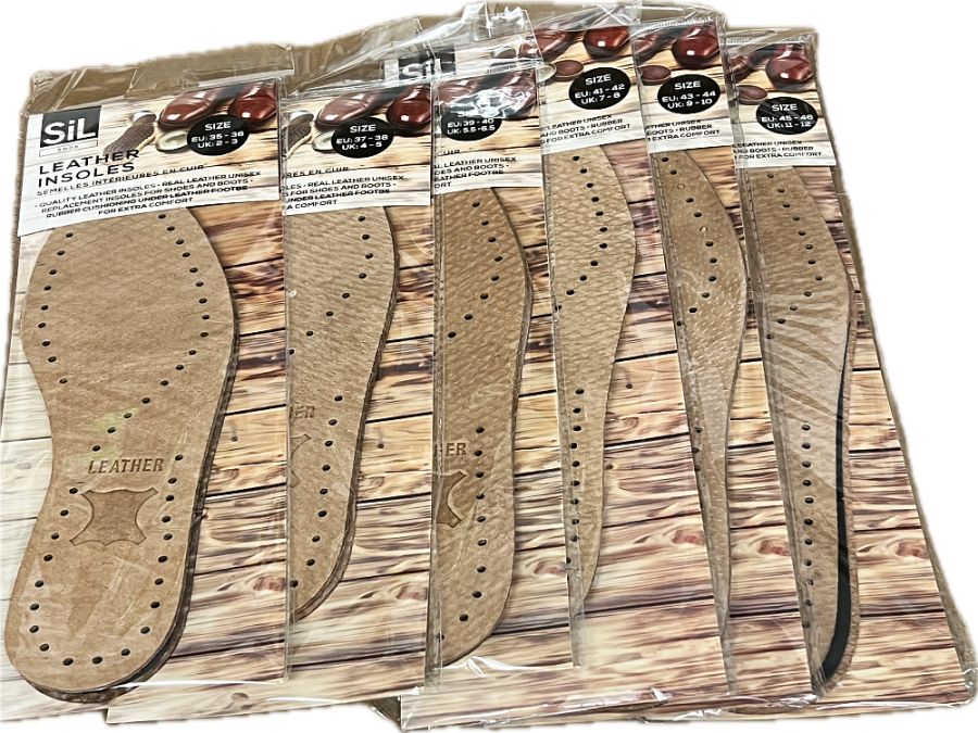 Pack 12 asstd sizes leather insoles.
(2-3/4-5/5-6/7-8/9-10/11-12)