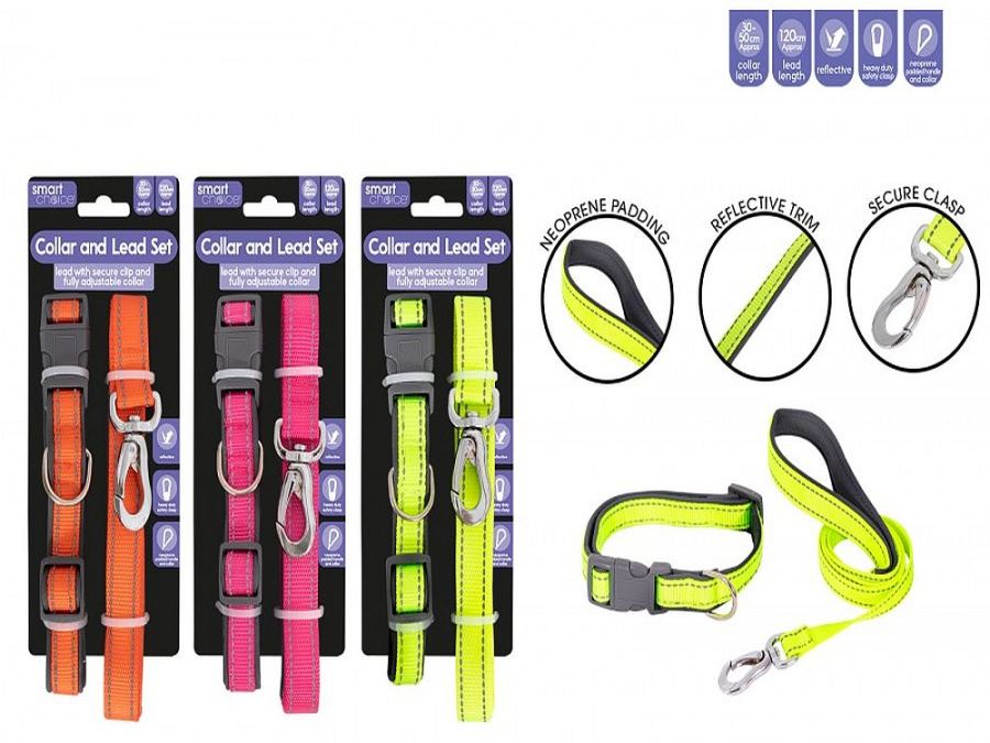 Reflective dog collar and lead set - 3/cols*