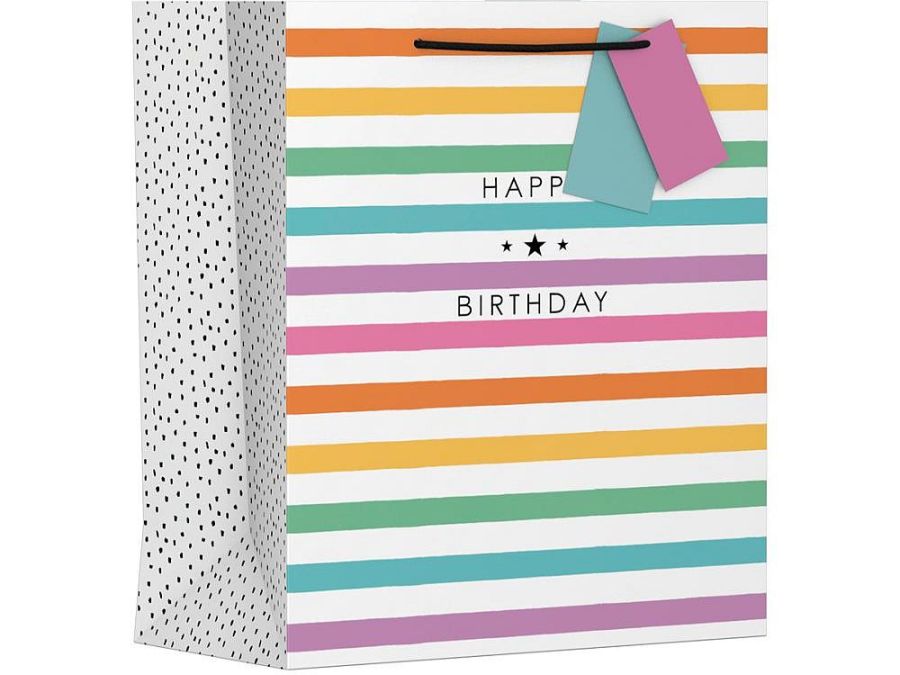 Pkt 6, Stripes Happy Birthday gift bags  X/LARGE
(45x33x10cm)