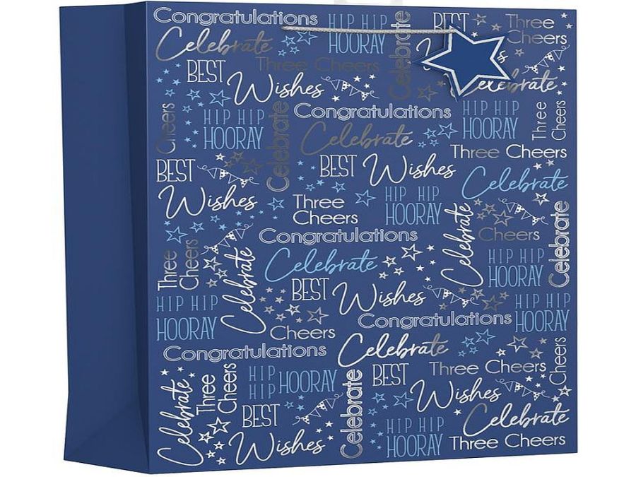 Pack 6, blue text X/LARGE gift bags (45x33x10cm)