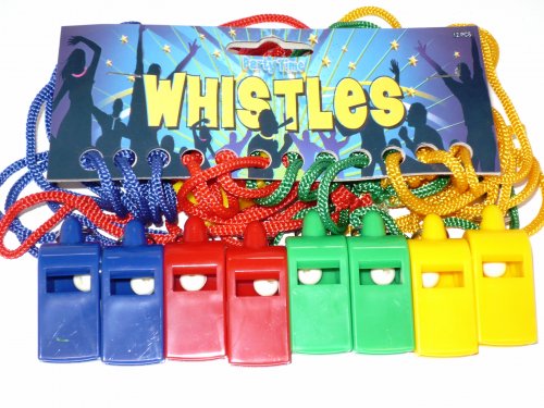 Coloured whistles on cord.