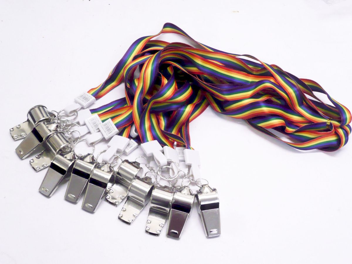 Pack 12, metal whistles with rainbow lanyard.