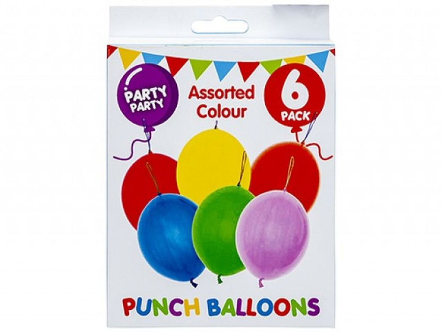 Pack 6, assorted colour punch balloons*