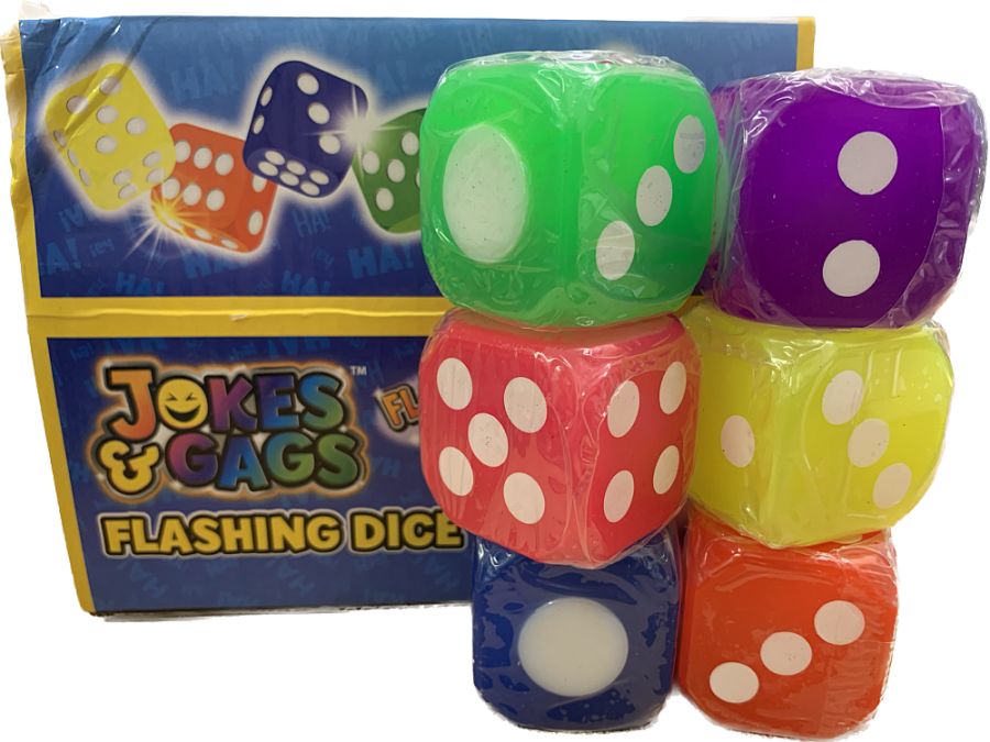 Flashing light up rubber dice - 6/cols.
(ADD 24 FOR DISPLAY)