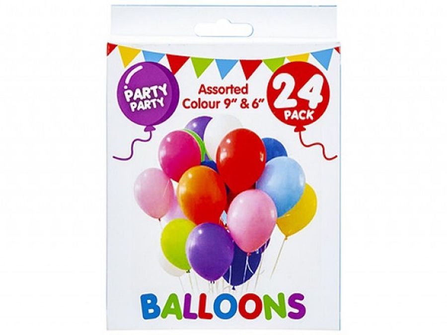 Pack 24, assorted colour and sizes balloons*
