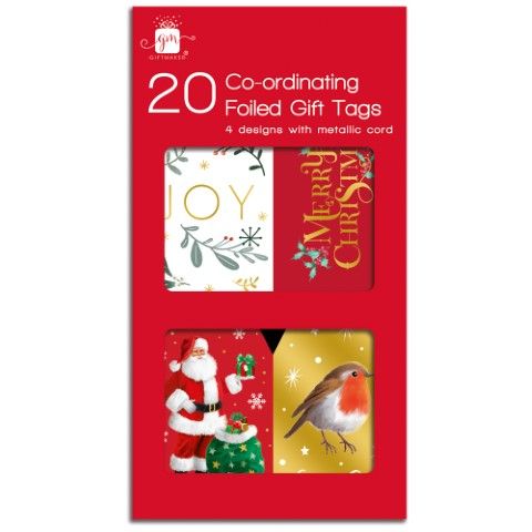 Pack 20, foiled gift tags with metallic cord.