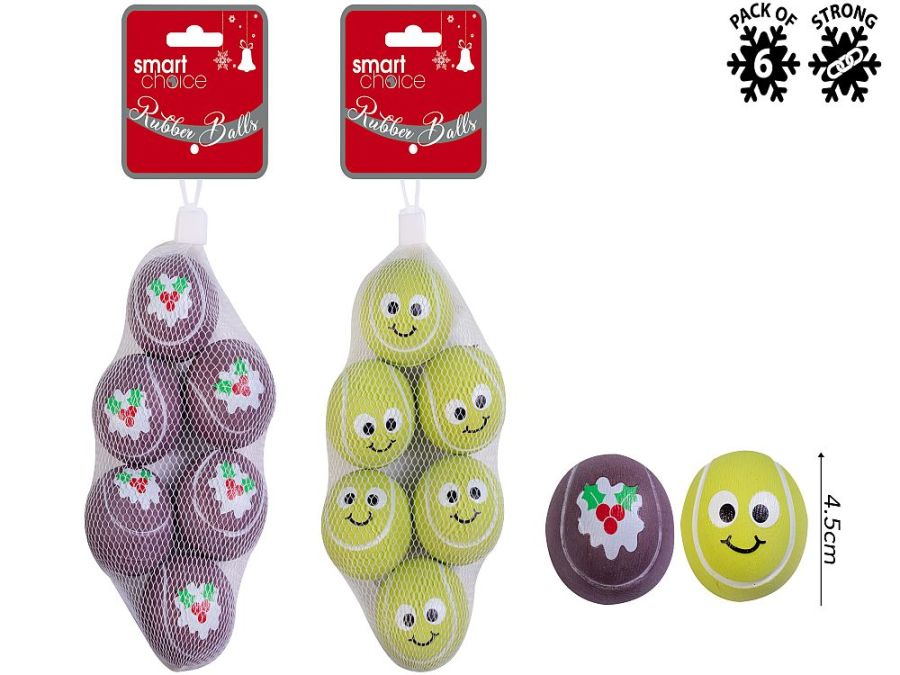 Pack 6, 4.5cm festive rubber balls - 2asstd.