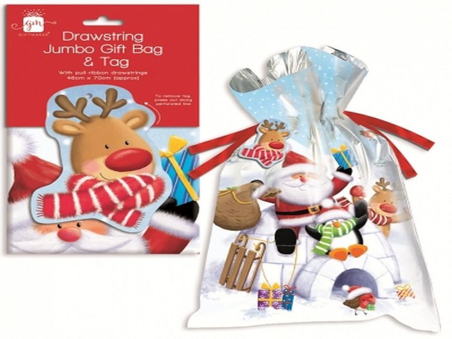 Christmas jumbo drawstring gift bag & tag (46x70cm)