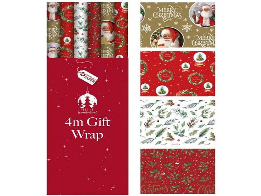 4m traditional Christmas gift wrap - 4asstd*