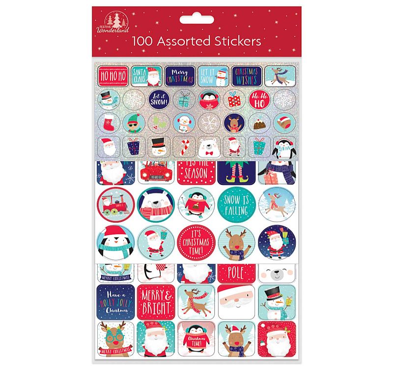 Pkt 100, assorted Christmas stickers.
