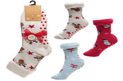 Ladies Christmas bed socks with gripper - 3asstd.