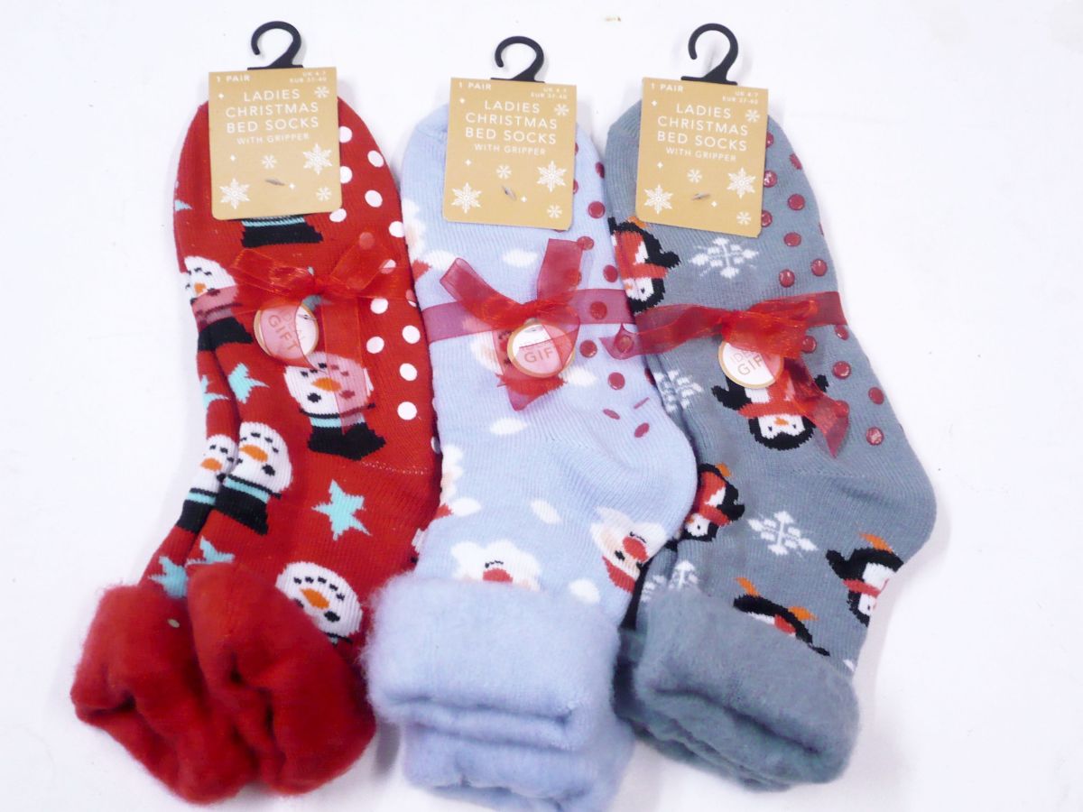 Ladies Christmas bed socks with gripper - 3asstd.